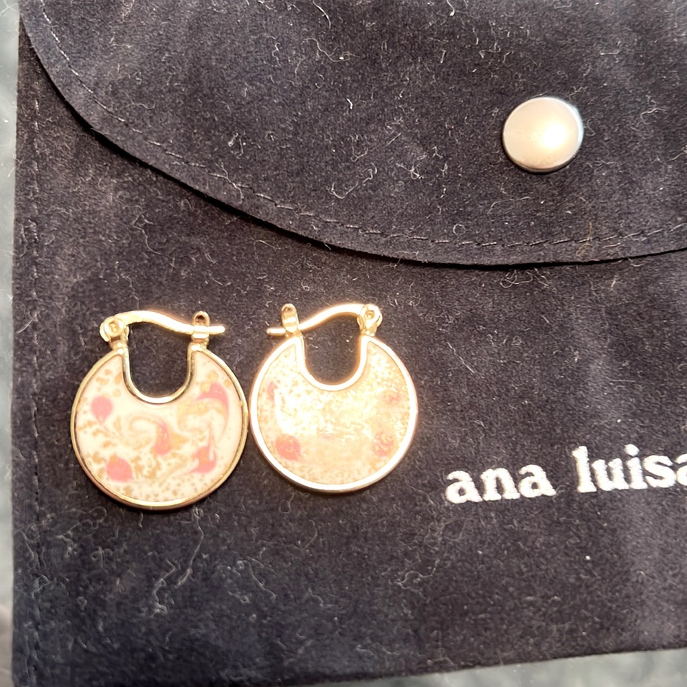 Ana Luisa gold hoops, with white and pink detail